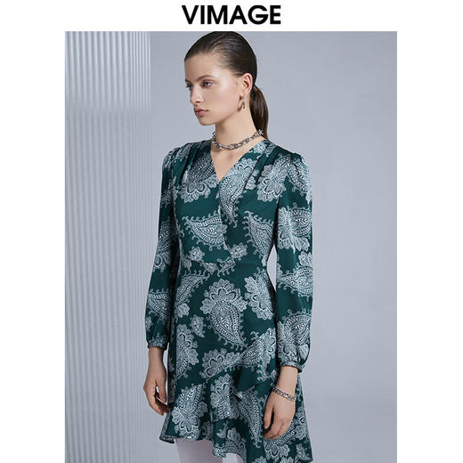 VIMAGE纬漫纪春季新款洋气复古印花收腰A摆显瘦连衣裙女V1507117 商品图2