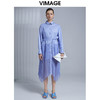 VIMAGE纬漫纪夏季纯色翻领拼接温柔气质百褶衬衫裙高腰绑带显瘦衬衣V1509106 商品缩略图1