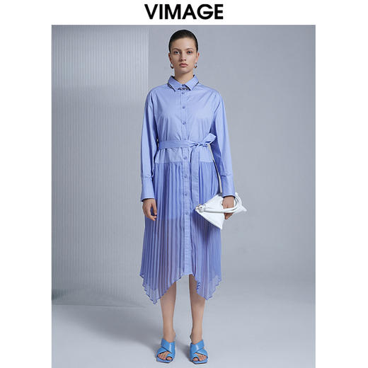 VIMAGE纬漫纪夏季纯色翻领拼接温柔气质百褶衬衫裙高腰绑带显瘦衬衣V1509106 商品图1