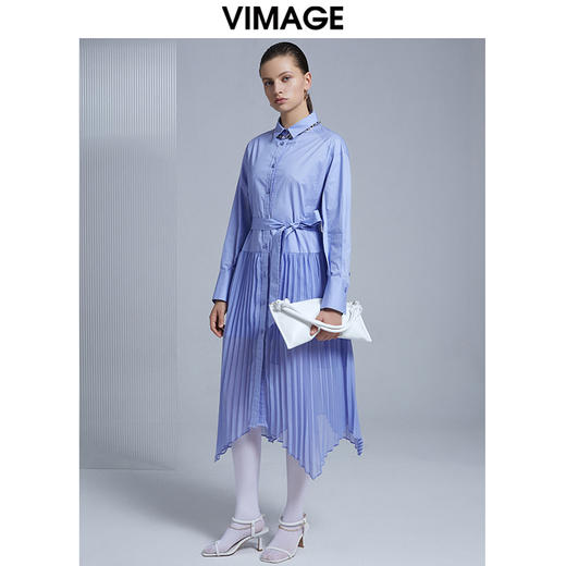 VIMAGE纬漫纪夏季纯色翻领拼接温柔气质百褶衬衫裙高腰绑带显瘦衬衣V1509106 商品图5