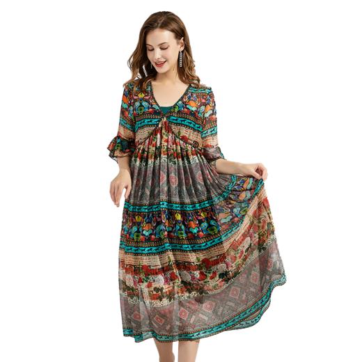 丁摩 夏飘逸沙滩裙桑蚕丝连衣裙女神范真丝裙子 Q121143·图色 商品图1