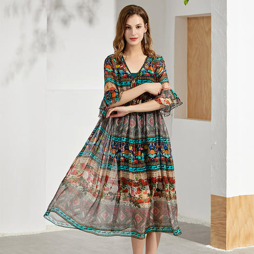 丁摩 夏飘逸沙滩裙桑蚕丝连衣裙女神范真丝裙子 Q121143·图色 商品图2