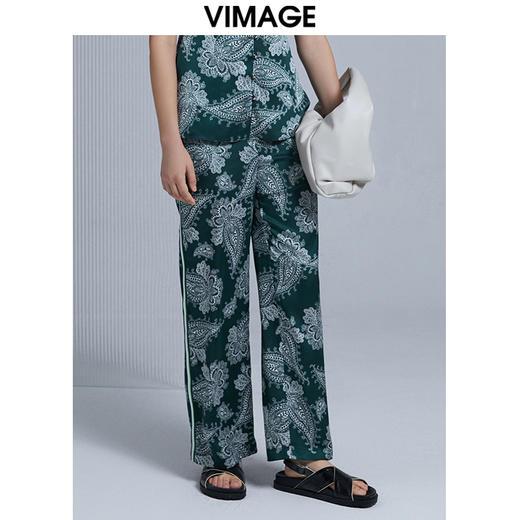 VIMAGE纬漫纪夏季薄款宽松印花复古直筒长裤裤子V1505115 商品图1