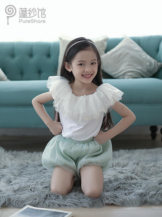 非质量问题不退换哦~pureshare 女童T恤一字领蕾丝上衣灯笼裤可爱气质 商品图1