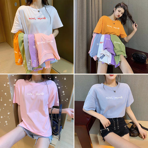 糖果色字母印花女式短袖T恤女学生女士休闲上衣服女装 商品图3