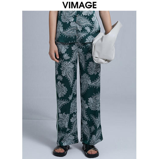 VIMAGE纬漫纪夏季薄款宽松印花复古直筒长裤裤子V1505115 商品图4