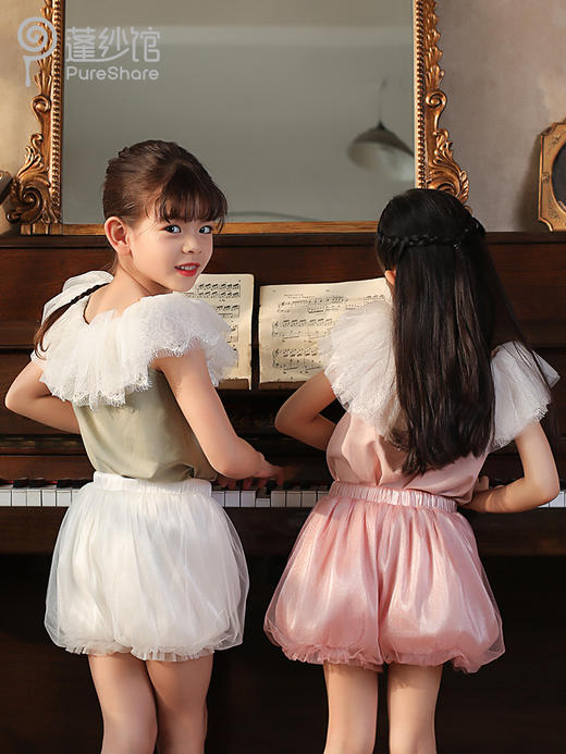 非质量问题不退换哦~pureshare 女童T恤一字领蕾丝上衣灯笼裤可爱气质 商品图7