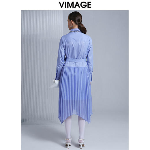 VIMAGE纬漫纪夏季纯色翻领拼接温柔气质百褶衬衫裙高腰绑带显瘦衬衣V1509106 商品图3