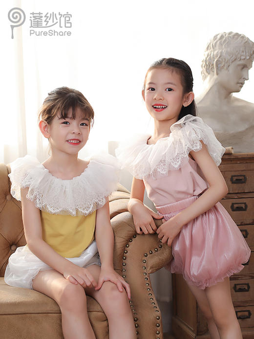 非质量问题不退换哦~pureshare 女童T恤一字领蕾丝上衣灯笼裤可爱气质 商品图3