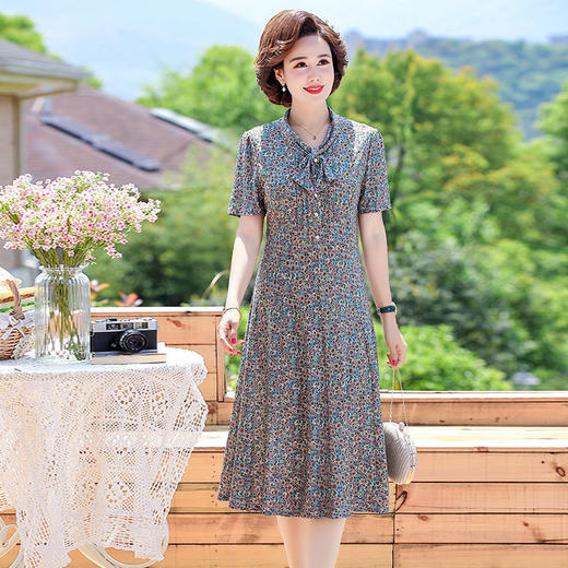 JCG-6354夏季新款洋气妈妈短袖裙子贵夫人碎花过膝中老年连衣裙 商品图5