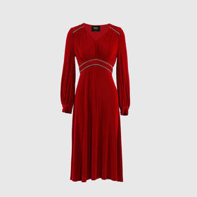 装饰链条复古V领连衣裙