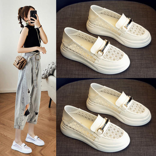 【服饰鞋包】鹿季女生小白鞋厚底网面透气乐福皮鞋 商品图1