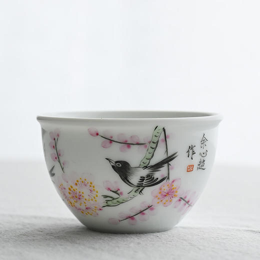 「景德镇手工主人杯」手绘粉彩水点桃花花鸟缸杯 白瓷大号陶瓷主人杯 商品图5