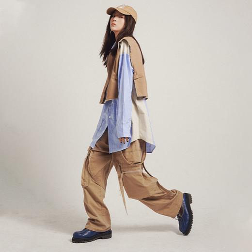 POH 机能风假两件毛边马甲衬衫男宽松bf风小众设计感拼接条纹衬衣 商品图1