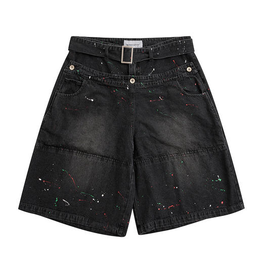 POH「画工泼墨」 假两件层次感五分中裤宽松街头休闲牛仔短裤子男 商品图4