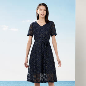 丁摩 高端蕾丝挺括v领连衣裙夏季新款收腰气质中长裙Q121154-DR299