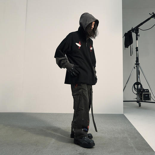 POH「李朝猫虎画」 福至刺绣拉链宽松休闲插肩袖五分短袖polo衫男 商品图1