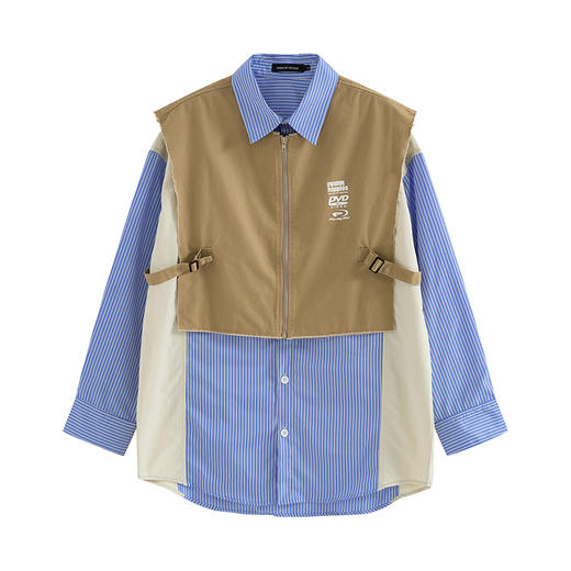 POH 机能风假两件毛边马甲衬衫男宽松bf风小众设计感拼接条纹衬衣 商品图4