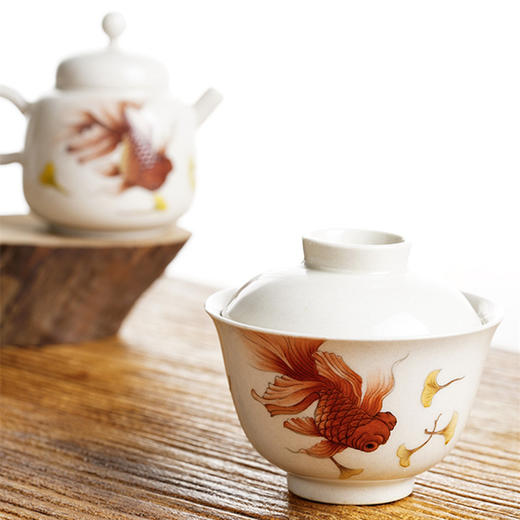 「景德镇功夫茶盖碗茶杯」高端手绘粉彩金鱼 无托草木灰单个防烫泡茶碗 商品图1