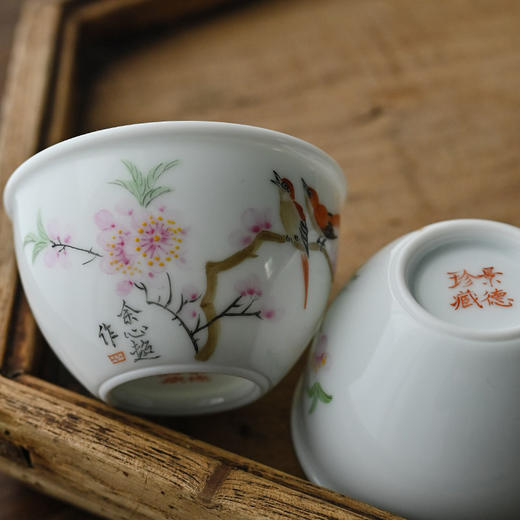 「景德镇手工主人杯」手绘粉彩水点桃花花鸟缸杯 白瓷大号陶瓷主人杯 商品图2
