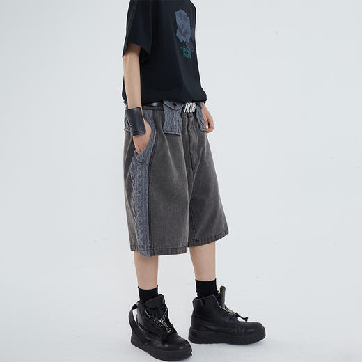 POH 异材质毛衣料拼接做旧水洗牛仔短裤男夏季宽松潮流七分裤潮牌 商品图3