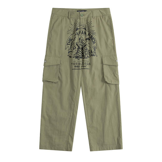 POH 讽刺漫画主题工装直筒裤子印花宽松军绿色拉链阔腿休闲长裤男 商品图4