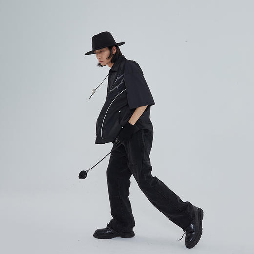 POH 水洗做旧拼接喇叭结构牛仔裤男潮流百搭直筒裤国潮街头休闲裤 商品图2