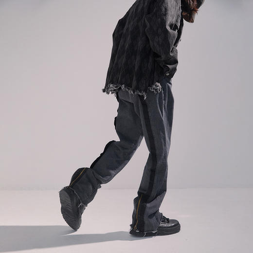 POH 朋克流苏直筒休闲裤男口袋拼接拉链洗水长裤子灰色牛仔喇叭裤 商品图0