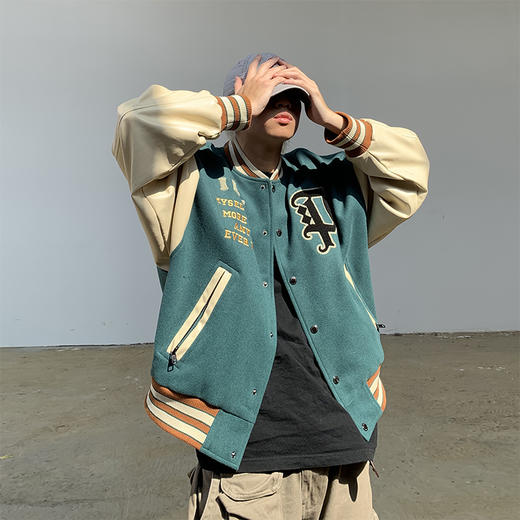 POH「芝士汉堡」 美式宽松棒球服男毛巾绣pu皮袖拼接夹克外套潮牌 商品图3