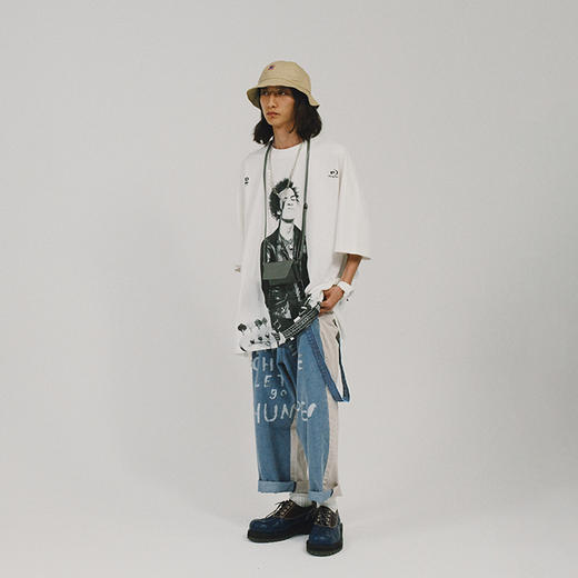 POH  人物胶片贝斯手印花国潮上衣服宽松落肩短袖T恤男女潮流潮牌 商品图1