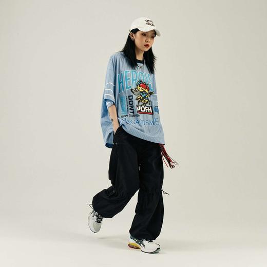 POH 冰球联盟印花蓝色条纹衬衣男做旧嘻哈宽松运动服短袖套头衬衫 商品图1