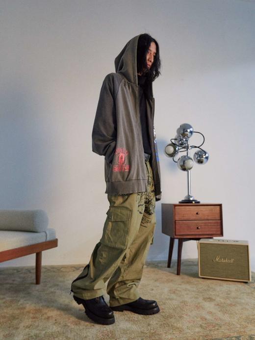 POH 讽刺漫画主题工装直筒裤子印花宽松军绿色拉链阔腿休闲长裤男 商品图1