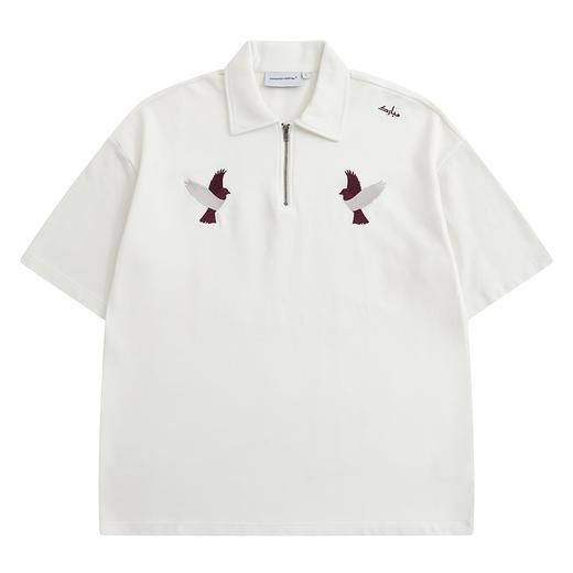 POH「李朝猫虎画」 福至刺绣拉链宽松休闲插肩袖五分短袖polo衫男 商品图4