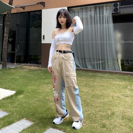 POH 手绘日文涂鸦水洗拼接牛仔斜纹布廓形潮牌军裤国潮休闲长裤男 商品图0