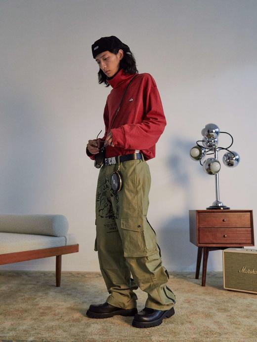 POH 讽刺漫画主题工装直筒裤子印花宽松军绿色拉链阔腿休闲长裤男 商品图0