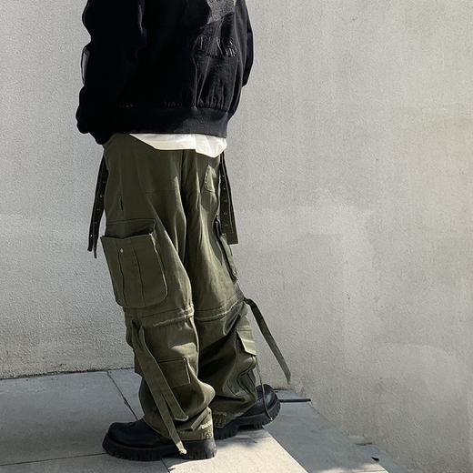 POH 19AW做旧磨洗破坏宽松可拆卸绑带飘带工装直筒裤双色入休闲裤 商品图3