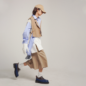 POH 机能风假两件毛边马甲衬衫男宽松bf风小众设计感拼接条纹衬衣