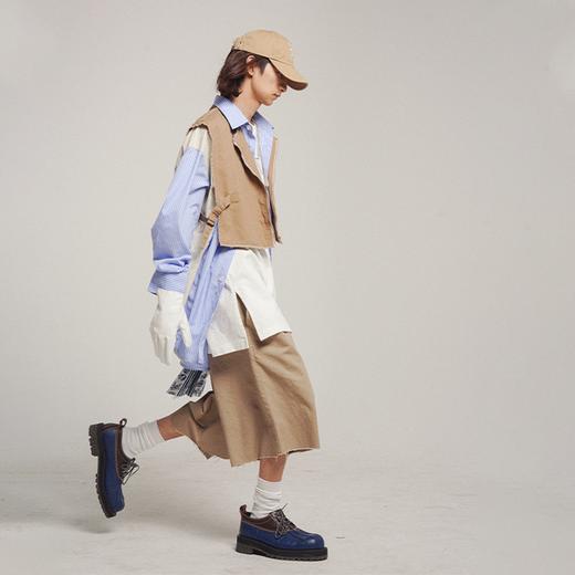 POH 机能风假两件毛边马甲衬衫男宽松bf风小众设计感拼接条纹衬衣 商品图0