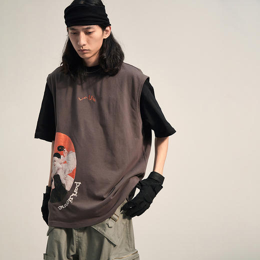 POH「法国古早杂志」 人像印花无袖汗衫国潮流宽松双色坎肩背心男 商品图0