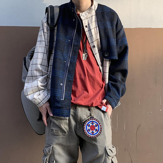POH千鸟格子纹短款夹克男Rebuild撞色条拼接须边茄克设计感外套男 商品图3