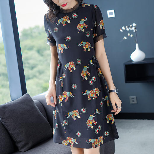 丁摩连衣裙夏新品欧美印花宽松显瘦真丝连衣裙短袖100%桑蚕丝裙72501 商品图2