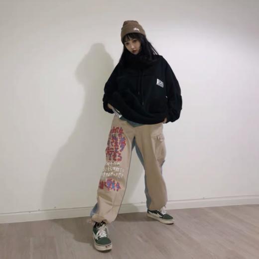 POH 手绘日文涂鸦水洗拼接牛仔斜纹布廓形潮牌军裤国潮休闲长裤男 商品图1