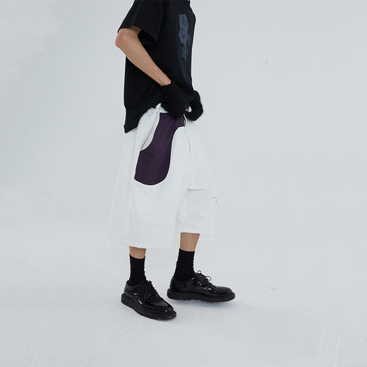 POH 口袋弧形拼色廓形拼接牛仔短裤男夏季潮牌百搭潮流街头五分裤 商品图3