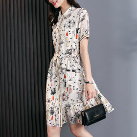 丁摩夏季新款女装小清新印花真丝连衣裙短袖系带年轻款衬衣裙子73194