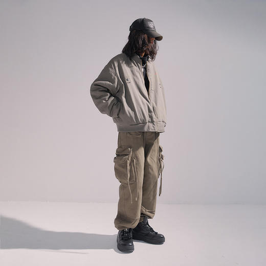 POH 古着感水洗重工直筒休闲裤男束脚长裤做旧朋克宽松多口袋军裤 商品图2