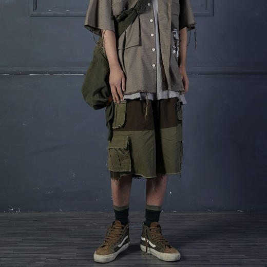 POH 19SS多口袋水洗結構拼色廓形短褲男夏季潮流雙色入潮牌五分裤 商品图0