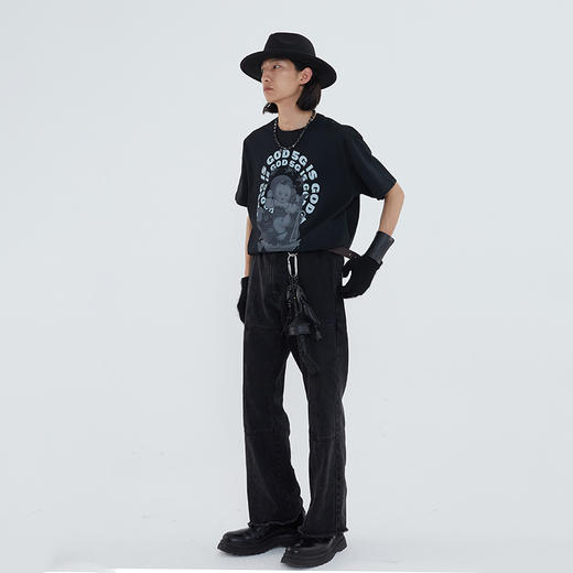 POH 水洗做旧拼接喇叭结构牛仔裤男潮流百搭直筒裤国潮街头休闲裤 商品图3