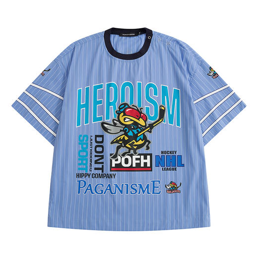 POH 冰球联盟印花蓝色条纹衬衣男做旧嘻哈宽松运动服短袖套头衬衫 商品图4