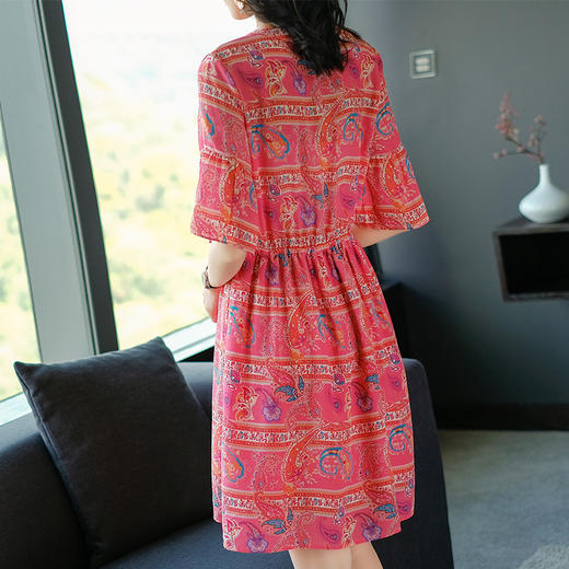 丁摩2021女装连衣裙夏季新款欧美抽象印花修身短袖真丝连衣裙潮72415 商品图3