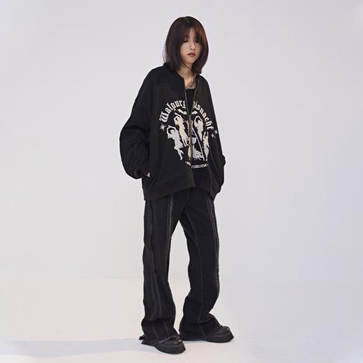 POH 朋克摇滚拉链设计感黑色阔腿休闲裤男手工流苏做旧喇叭长裤男 商品图1